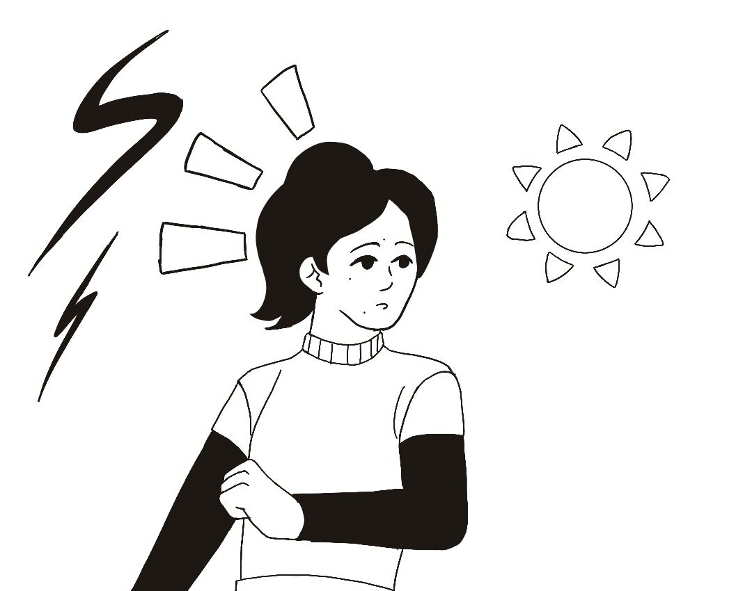 illustration d'une femme, dont les émotions sont représentés par des éléments de la météo (soleil, éclair,...)